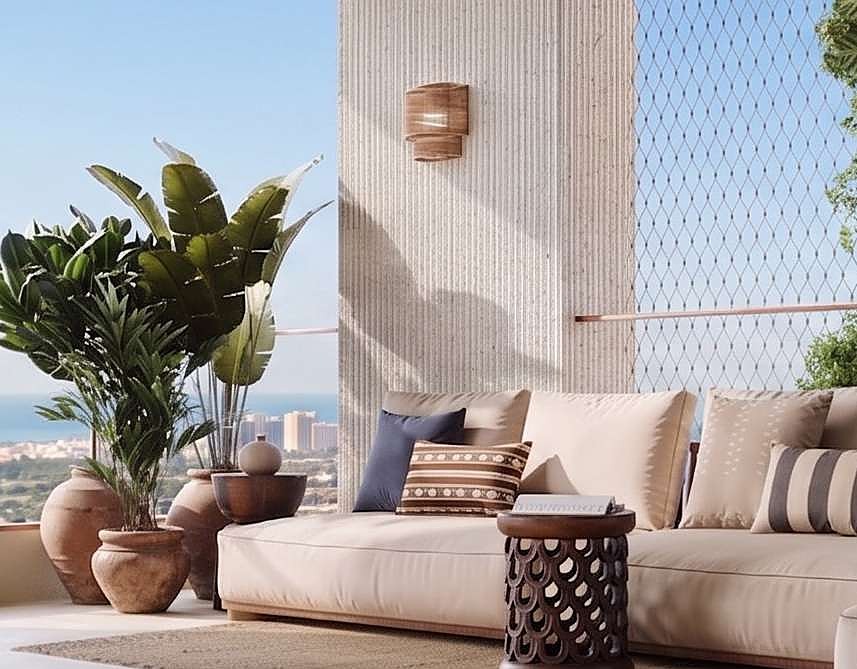 The living room balcony at dusk